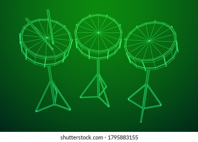 Musical instruments set. Rock band kit. Percussion musical instrument drum and stick. Wireframe low poly mesh vector illustration.