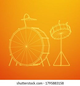 Musical instruments set. Rock band drum kit. Percussion musical instrument drums, stick and cymbal. Wireframe low poly mesh vector illustration.