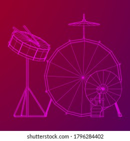 Musical instruments set. Rock band drum kit. Percussion musical instrument drums, stick and cymbal. Wireframe low poly mesh vector illustration.