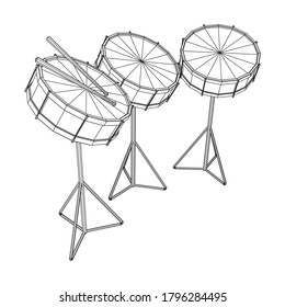 Musical instruments set. Rock band kit. Percussion musical instrument drum and stick. Wireframe low poly mesh vector illustration.