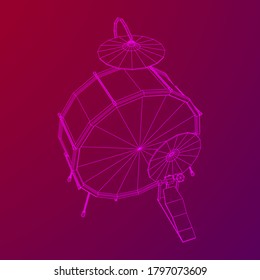 Musical instruments set. Rock band drum kit. Percussion musical instrument drums and cymbal. Wireframe low poly mesh vector illustration.