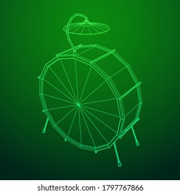Musical instruments set. Rock band drum kit. Percussion musical instrument drums and cymbal. Wireframe low poly mesh vector illustration.