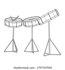 Musikalische Instrumente Set. Rock-Band-Kit. Percussion musical Instrument Drum and stick. Wireframe Low-Poly-Mesh, Vektorgrafik.