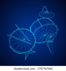 Musical instruments set. Rock band drum kit. Percussion musical instrument drums, stick and cymbal. Wireframe low poly mesh vector illustration.