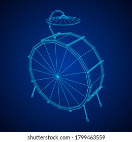 Musical instruments set. Rock band drum kit. Percussion musical instrument drums and cymbal. Wireframe low poly mesh vector illustration.