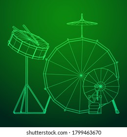 Musical instruments set. Rock band drum kit. Percussion musical instrument drums, stick and cymbal. Wireframe low poly mesh vector illustration.