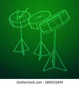 Musical instruments set. Rock band kit. Percussion musical instrument drum and stick. Wireframe low poly mesh vector illustration.