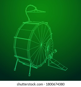 Musical instruments set. Rock band drum kit. Percussion musical instrument drums and cymbal. Wireframe low poly mesh vector illustration.