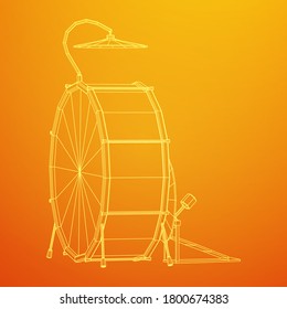 Musical instruments set. Rock band drum kit. Percussion musical instrument drums and cymbal. Wireframe low poly mesh vector illustration.