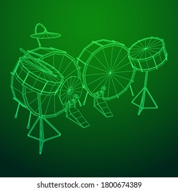Musical instruments set. Rock band drum kit. Percussion musical instrument drums, stick and cymbal. Wireframe low poly mesh vector illustration.