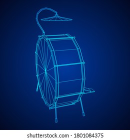 Musical instruments set. Rock band drum kit. Percussion musical instrument drums and cymbal. Wireframe low poly mesh vector illustration.