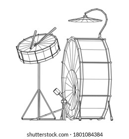 Musical instruments set. Rock band drum kit. Percussion musical instrument drums, stick and cymbal. Wireframe low poly mesh vector illustration.