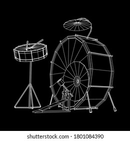 Musical instruments set. Rock band drum kit. Percussion musical instrument drums, stick and cymbal. Wireframe low poly mesh vector illustration.
