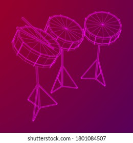 Musical instruments set. Rock band kit. Percussion musical instrument drum and stick. Wireframe low poly mesh vector illustration.