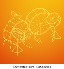 Musical instruments set. Rock band drum kit. Percussion musical instrument drums, stick and cymbal. Wireframe low poly mesh vector illustration.