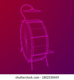 Musical instruments set. Rock band drum kit. Percussion musical instrument drums and cymbal. Wireframe low poly mesh vector illustration.