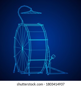 Musical instruments set. Rock band drum kit. Percussion musical instrument drums and cymbal. Wireframe low poly mesh vector illustration.