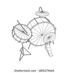 Musical instruments set. Rock band drum kit. Percussion musical instrument drums, stick and cymbal. Wireframe low poly mesh vector illustration.