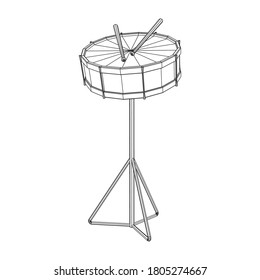 Musical instruments set. Rock band kit. Percussion musical instrument drum and stick. Wireframe low poly mesh vector illustration.