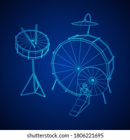 Musical instruments set. Rock band drum kit. Percussion musical instrument drums, stick and cymbal. Wireframe low poly mesh vector illustration.