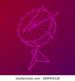 Musical instruments set. Rock band kit. Percussion musical instrument drum and stick. Wireframe low poly mesh vector illustration.