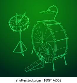 Musical instruments set. Rock band drum kit. Percussion musical instrument drums, stick and cymbal. Wireframe low poly mesh vector illustration.
