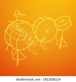 Musical instruments set. Rock band drum kit. Percussion musical instrument drums, stick and cymbal. Wireframe low poly mesh vector illustration.