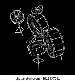 Musical instruments set. Rock band drum kit. Percussion musical instrument drums, stick and cymbal. Wireframe low poly mesh vector illustration.