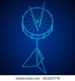 Musical instruments set. Rock band kit. Percussion musical instrument drum and stick. Wireframe low poly mesh vector illustration.