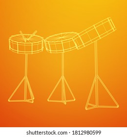 Musical instruments set. Rock band kit. Percussion musical instrument drum and stick. Wireframe low poly mesh vector illustration.