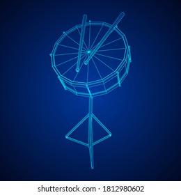 Musical instruments set. Rock band kit. Percussion musical instrument drum and stick. Wireframe low poly mesh vector illustration.