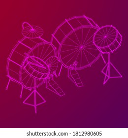 Musical instruments set. Rock band drum kit. Percussion musical instrument drums, stick and cymbal. Wireframe low poly mesh vector illustration.