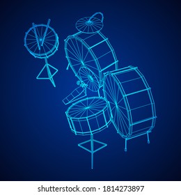 Musical instruments set. Rock band drum kit. Percussion musical instrument drums, stick and cymbal. Wireframe low poly mesh vector illustration.