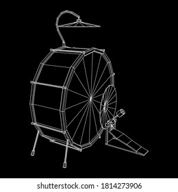 Musical instruments set. Rock band drum kit. Percussion musical instrument drums and cymbal. Wireframe low poly mesh vector illustration.