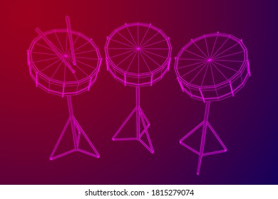 Musical instruments set. Rock band kit. Percussion musical instrument drum and stick. Wireframe low poly mesh vector illustration.