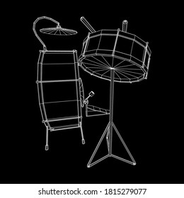Musical instruments set. Rock band drum kit. Percussion musical instrument drums, stick and cymbal. Wireframe low poly mesh vector illustration.