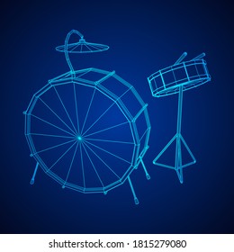 Musical instruments set. Rock band drum kit. Percussion musical instrument drums, stick and cymbal. Wireframe low poly mesh vector illustration.