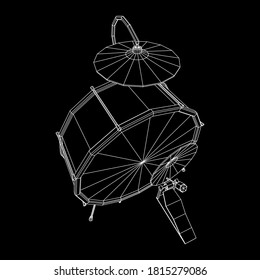 Musical instruments set. Rock band drum kit. Percussion musical instrument drums and cymbal. Wireframe low poly mesh vector illustration.