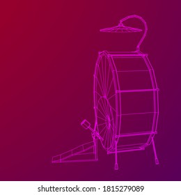 Musical instruments set. Rock band drum kit. Percussion musical instrument drums and cymbal. Wireframe low poly mesh vector illustration.