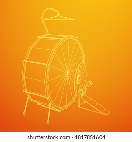 Musical instruments set. Rock band drum kit. Percussion musical instrument drums and cymbal. Wireframe low poly mesh vector illustration.