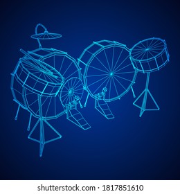 Musical instruments set. Rock band drum kit. Percussion musical instrument drums, stick and cymbal. Wireframe low poly mesh vector illustration.