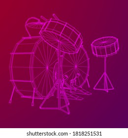 Musical instruments set. Rock band drum kit. Percussion musical instrument drums, stick and cymbal. Wireframe low poly mesh vector illustration.