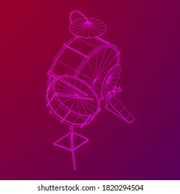 Musical instruments set. Rock band drum kit. Percussion musical instrument drums, stick and cymbal. Wireframe low poly mesh vector illustration.