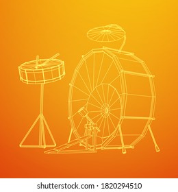 Musical instruments set. Rock band drum kit. Percussion musical instrument drums, stick and cymbal. Wireframe low poly mesh vector illustration.