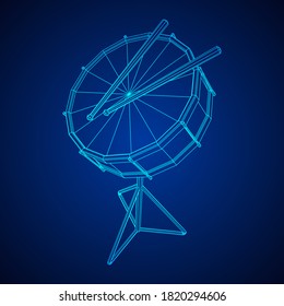 Musical instruments set. Rock band kit. Percussion musical instrument drum and stick. Wireframe low poly mesh vector illustration.