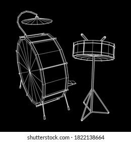 Musical instruments set. Rock band drum kit. Percussion musical instrument drums, stick and cymbal. Wireframe low poly mesh vector illustration.