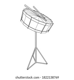 Musical instruments set. Rock band kit. Percussion musical instrument drum and stick. Wireframe low poly mesh vector illustration.
