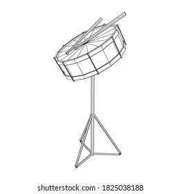 Musical instruments set. Rock band kit. Percussion musical instrument drum and stick. Wireframe low poly mesh vector illustration.