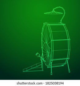 Musical instruments set. Rock band drum kit. Percussion musical instrument drums and cymbal. Wireframe low poly mesh vector illustration.