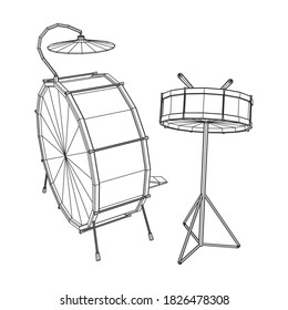 Musical instruments set. Rock band drum kit. Percussion musical instrument drums, stick and cymbal. Wireframe low poly mesh vector illustration.